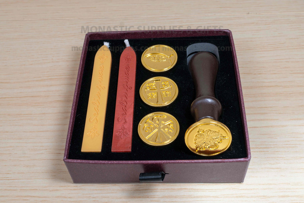 Christian wax seal stamp kit with wooden handle 4 brass seals IC XC NIKA Chi-Rho Byzantine eagle Ichthys and sealing wax sticks in gift box