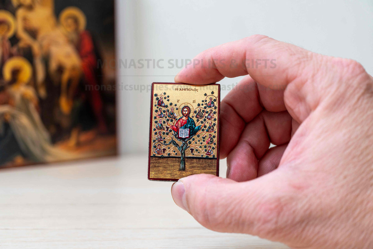 Jesus Christ the True Vine miniature handcrafted Byzantine wooden pocket icon and compact altar keepsake 4.2 x 5 cm (1.65 x 1.96 in) made in Greece