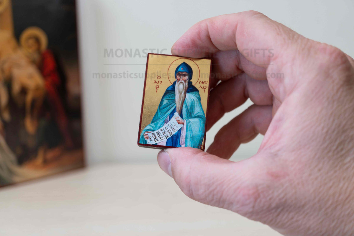 Saint Nilus the Myrrh-Streamer miniature handcrafted Byzantine wooden pocket icon and compact altar keepsake 4.2 x 5 cm (1.65 x 1.96 in) made in Greece