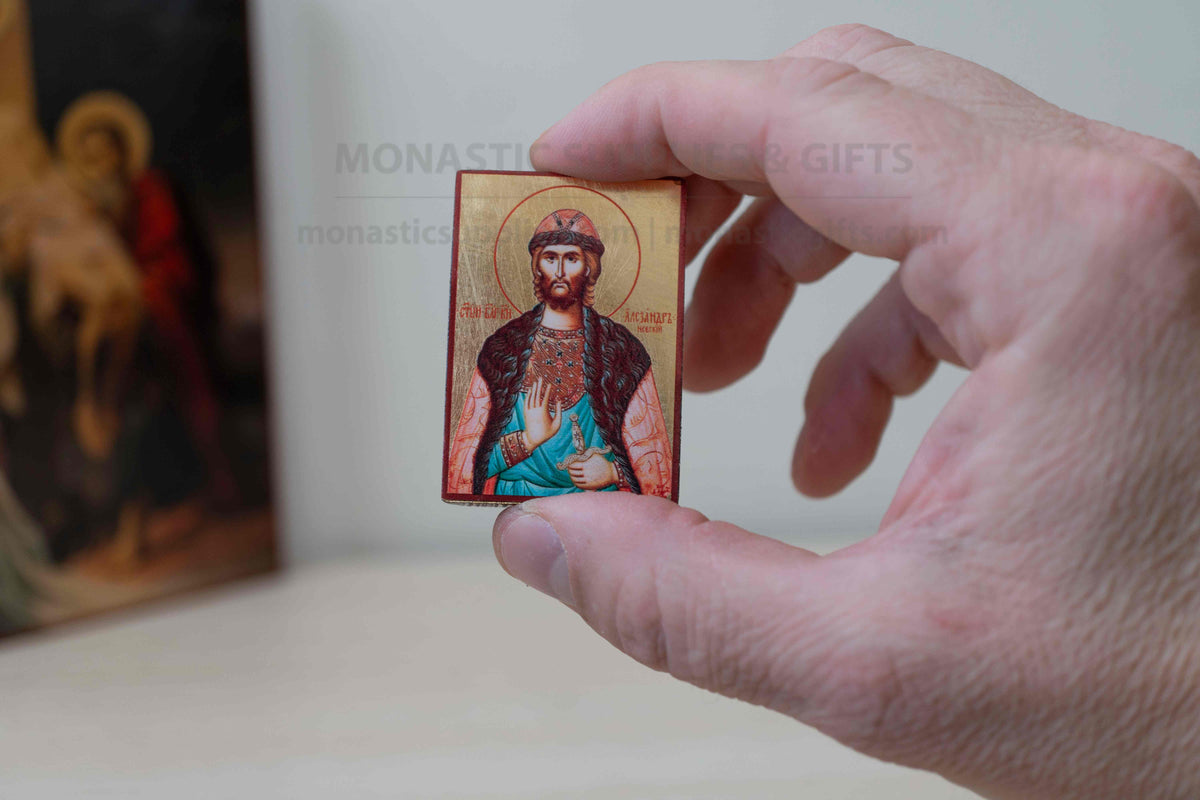 Saint Alexander Nevsky miniature handcrafted Byzantine wooden pocket icon and compact altar keepsake 4.2 x 5 cm (1.65 x 1.96 in) made in Greece[cite: 6]