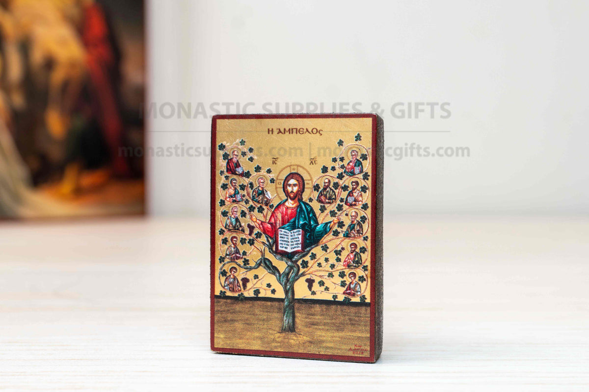 Jesus Christ the True Vine miniature handcrafted Byzantine wooden pocket icon and compact altar keepsake 4.2 x 5 cm (1.65 x 1.96 in) made in Greece