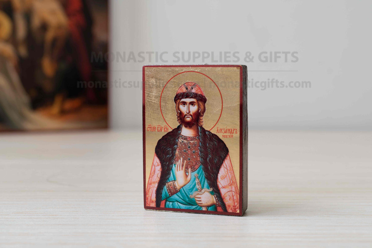 Saint Alexander Nevsky miniature handcrafted Byzantine wooden pocket icon and compact altar keepsake 4.2 x 5 cm (1.65 x 1.96 in) made in Greece[cite: 6]