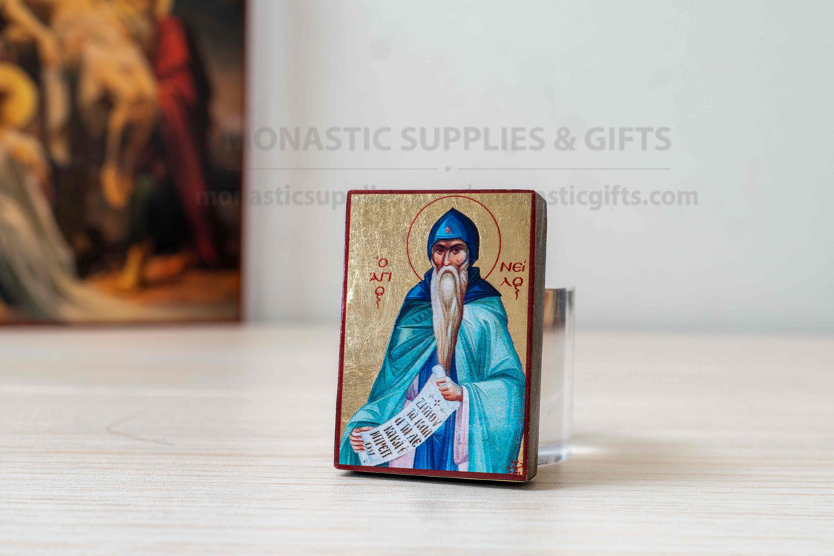 Saint Nilus the Myrrh-Streamer miniature handcrafted Byzantine wooden pocket icon and compact altar keepsake 4.2 x 5 cm (1.65 x 1.96 in) made in Greece