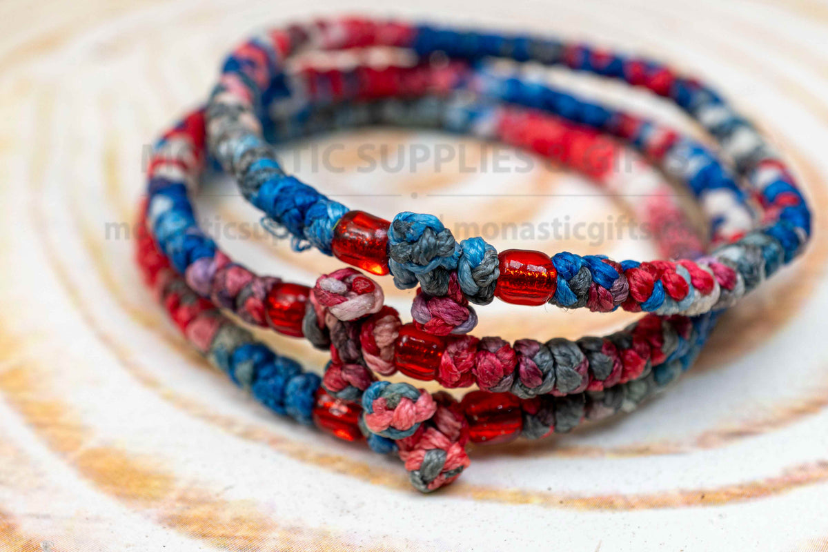 Prayer rope komboskini bracelet French tricolor pattern with red beads made in Greece