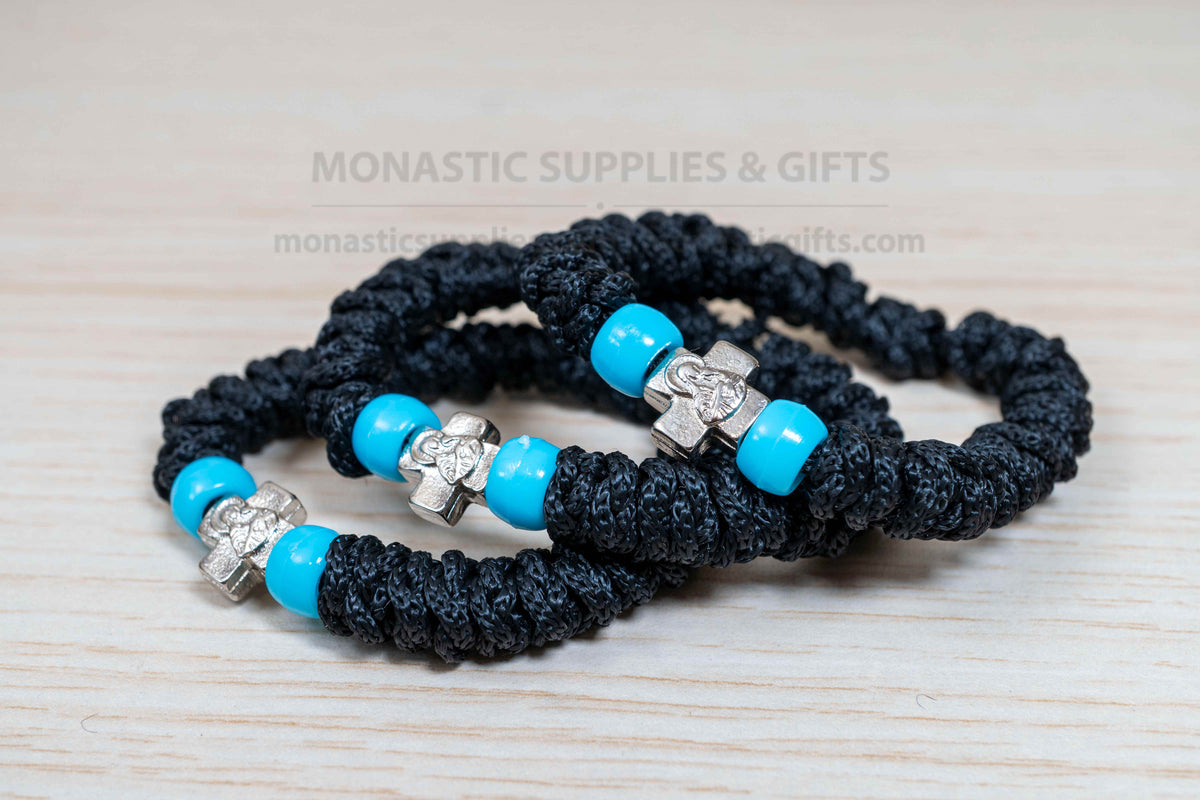 Elastic prayer rope bracelet komboskini with Mount Athos Virgin Mary metal cross and turquoise beads made in Greece