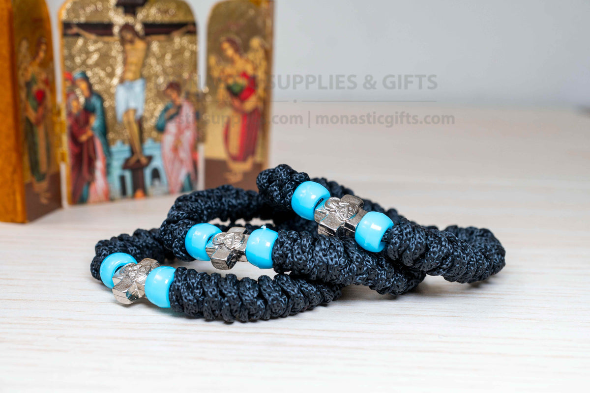 Elastic prayer rope bracelet komboskini with Mount Athos Virgin Mary metal cross and turquoise beads made in Greece