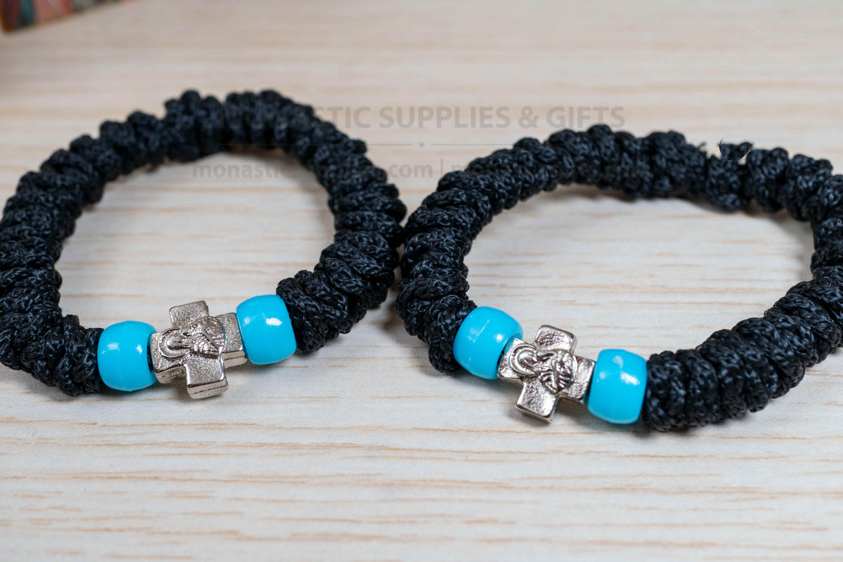 Elastic Prayer Rope Bracelet with Mount Athos Virgin Mary Cross - Black Handmade Orthodox Komboskini