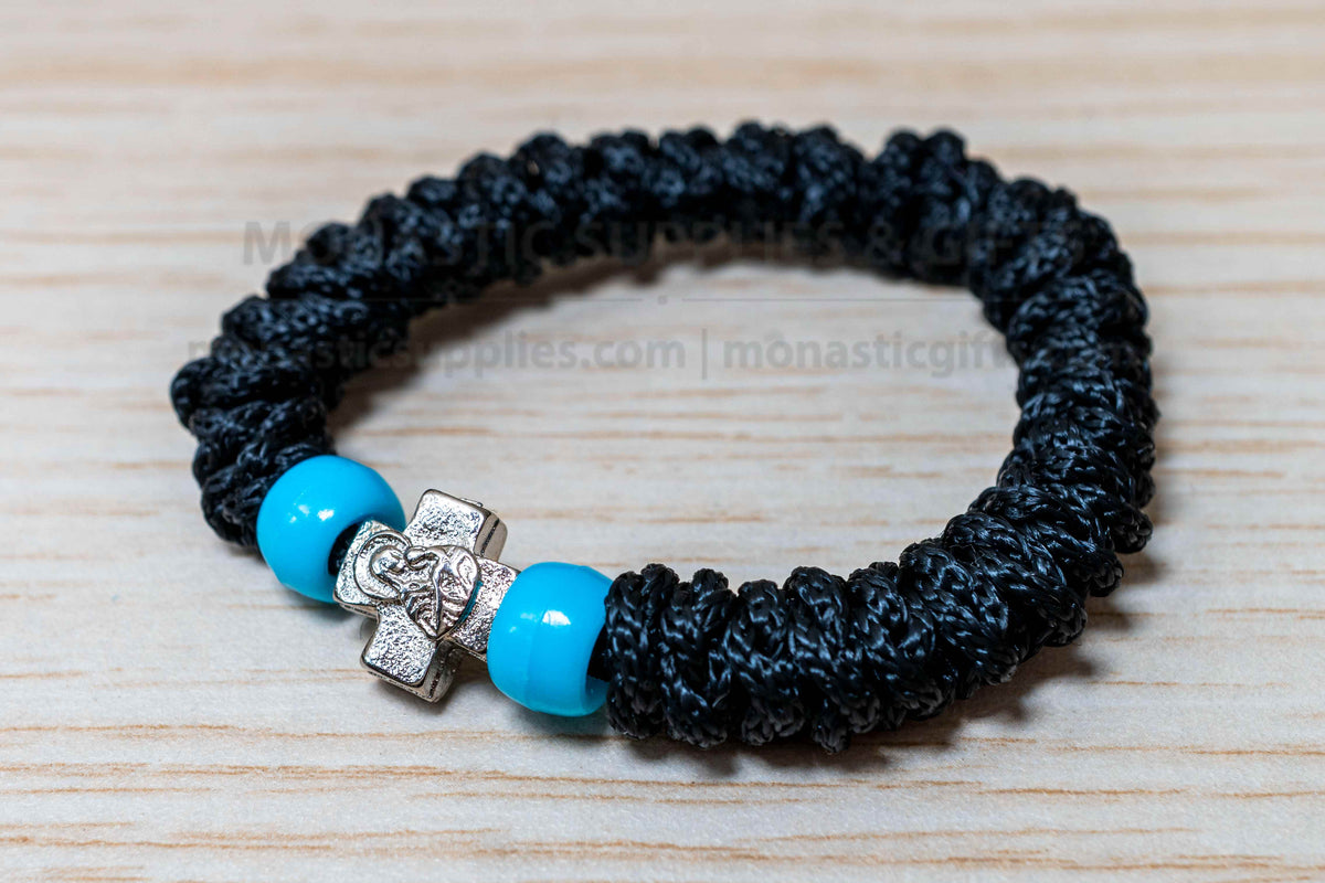 Elastic Prayer Rope Bracelet with Mount Athos Virgin Mary Cross - Black Handmade Orthodox Komboskini