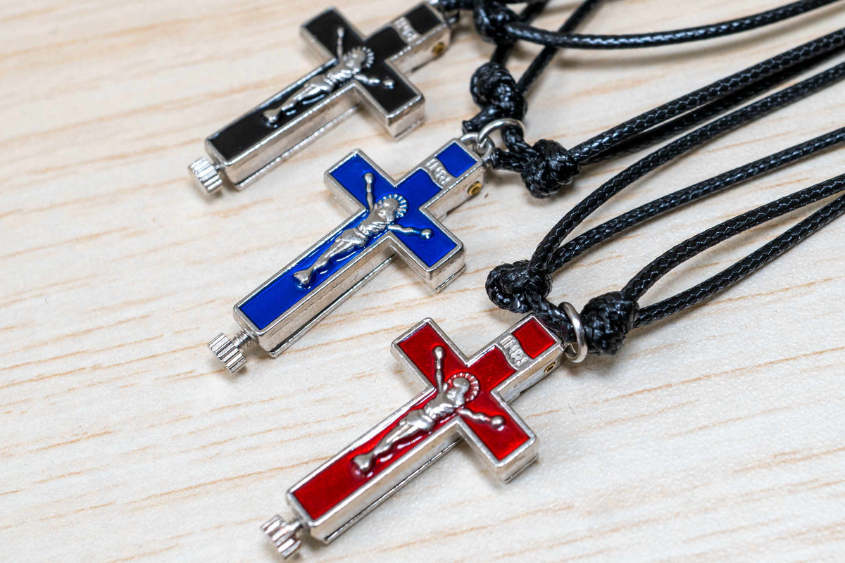 Opening Reliquary Cross Pendant with Enamel and Crucifix - Genuine Leather Cord