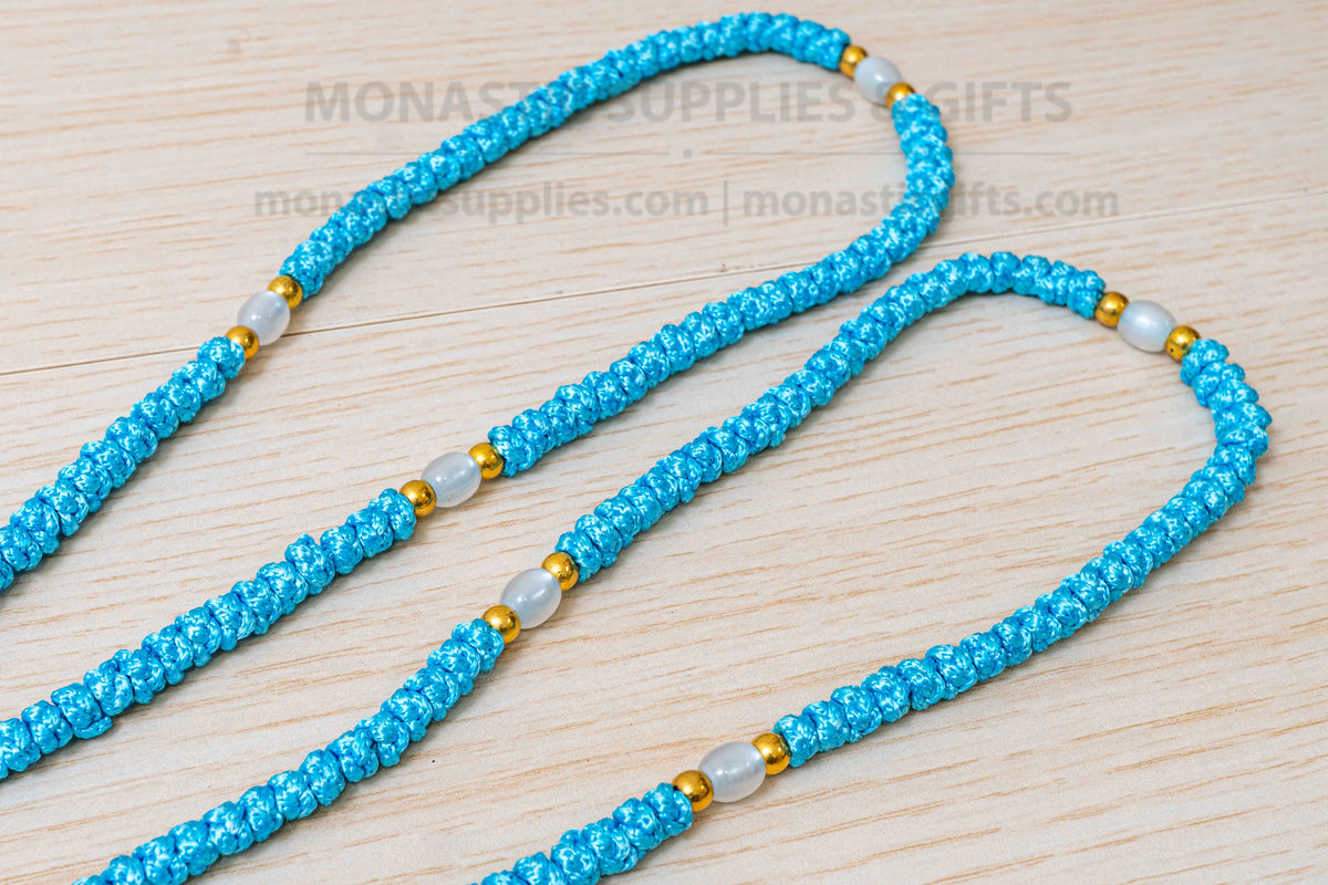Prayer Rope 100 Knots Komboskini - Light Blue Handmade Orthodox Cord with White Beads & Cross