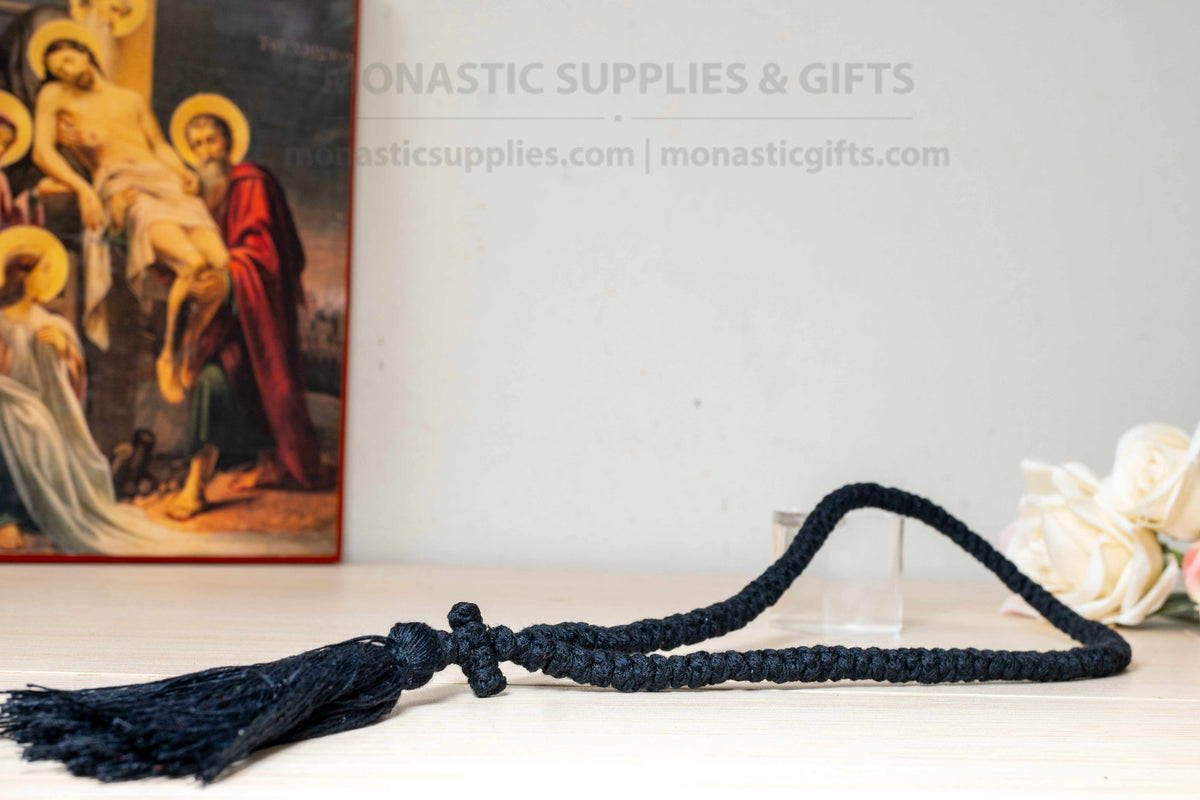 Authentic 100 knots pure wool black prayer rope komboskini with knotted cross and tassel made in Greece