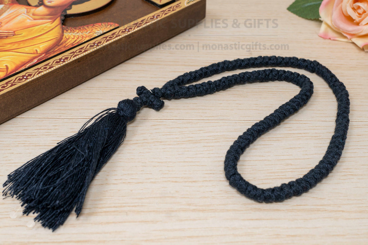 Authentic 100 knots pure wool black prayer rope komboskini with knotted cross and tassel made in Greece