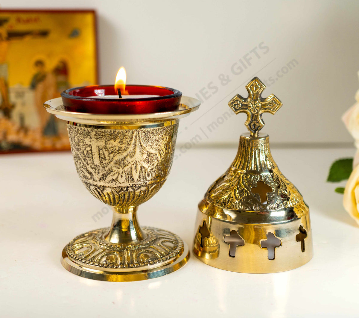 Solid brass standing vigil lamp chalice design embossed patterns with cross lid and red heat resistant glass cup