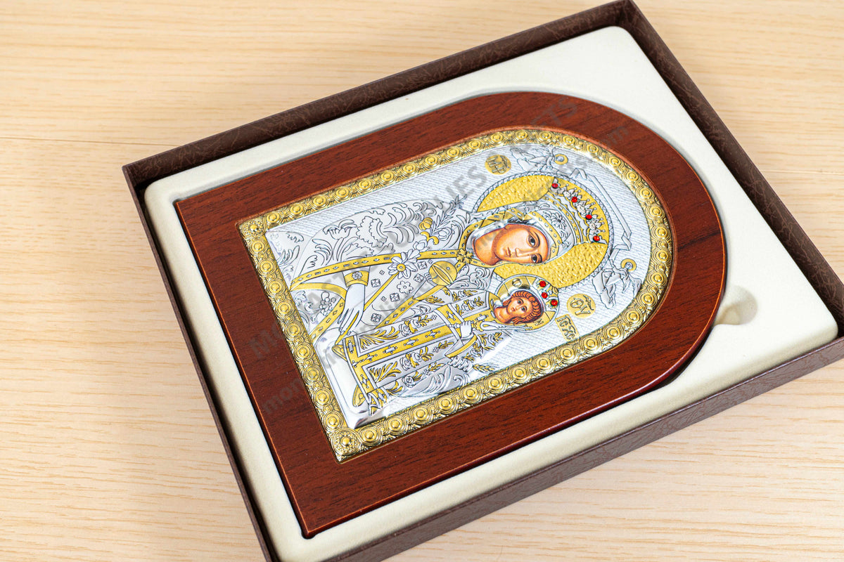 Virgin Mary the Unfading Rose Rodon to Amaranto 925 silver Byzantine icon with gold accents (20x26 cm / 7.9x10.2 in)