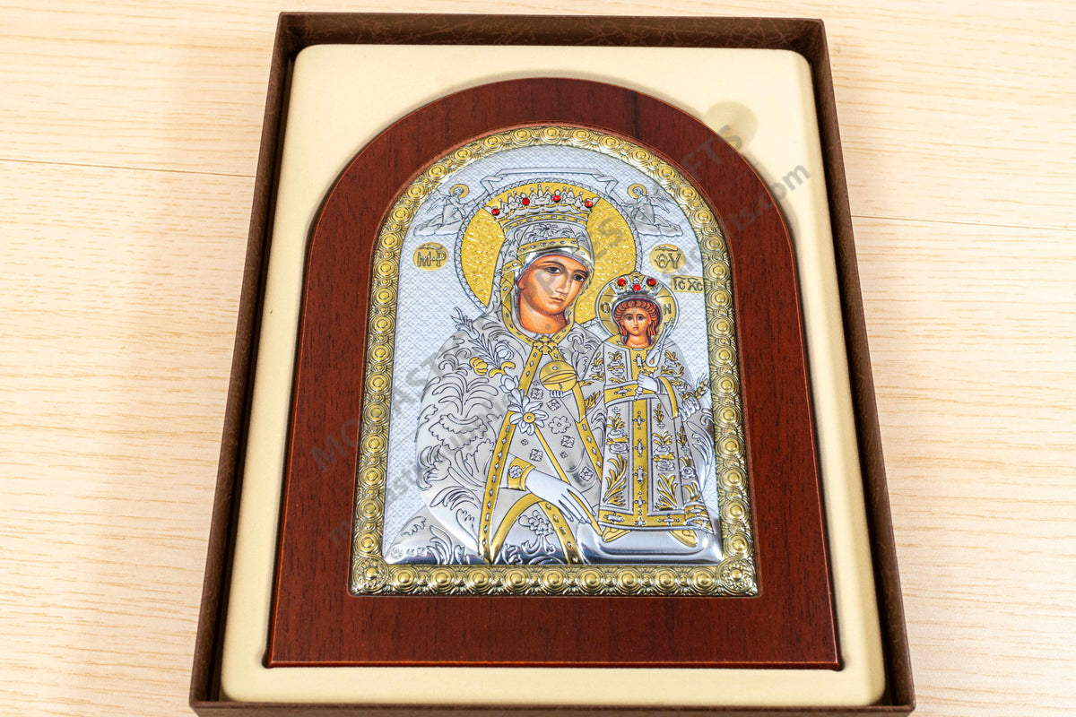 Virgin Mary the Unfading Rose Rodon to Amaranto 925 silver Byzantine icon with gold accents (20x26 cm / 7.9x10.2 in)