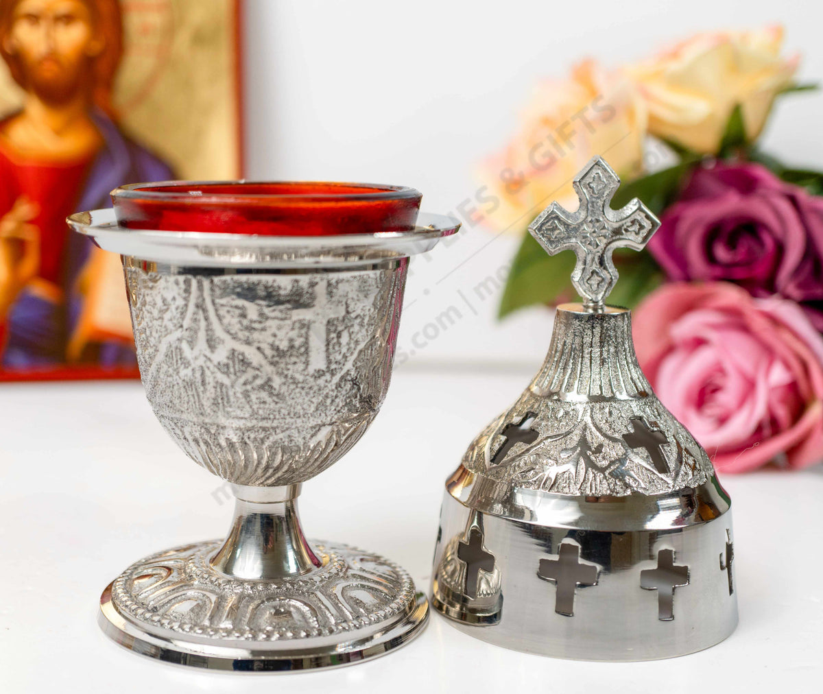 Silver plated standing vigil lamp chalice design embossed patterns with cross lid and red heat resistant glass cup