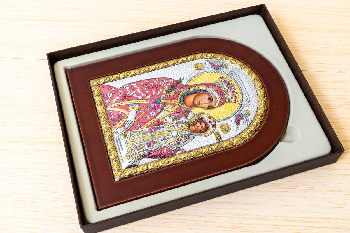 Virgin Mary the Unfading Rose Rodon to Amaranto 925 silver icon with reflective color accents (15x20 cm / 5.9x7.9 in)