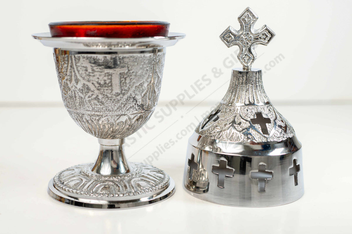 Silver plated standing vigil lamp chalice design embossed patterns with cross lid and red heat resistant glass cup