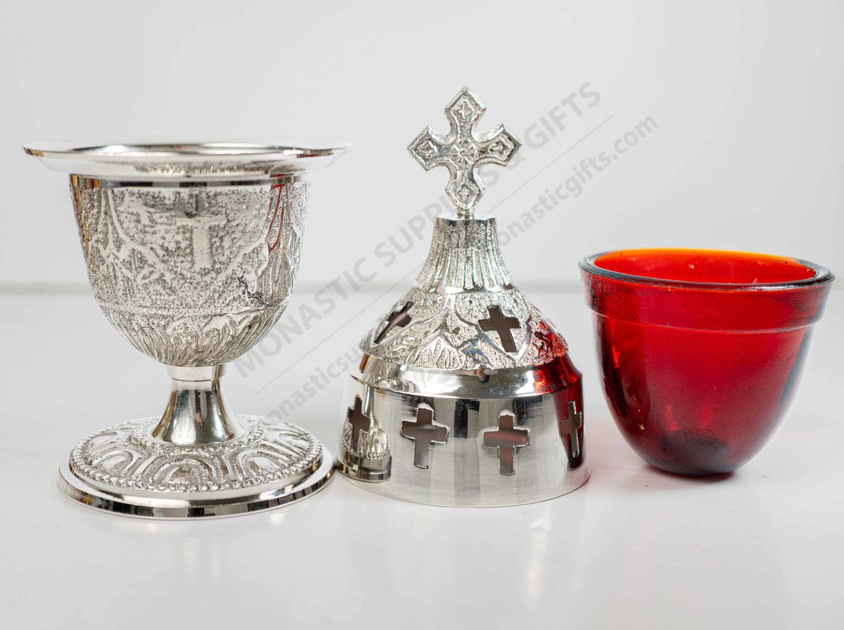 Silver Plated Vigil Lamp Standing Embossed Chalice Cross Lid Red Glass