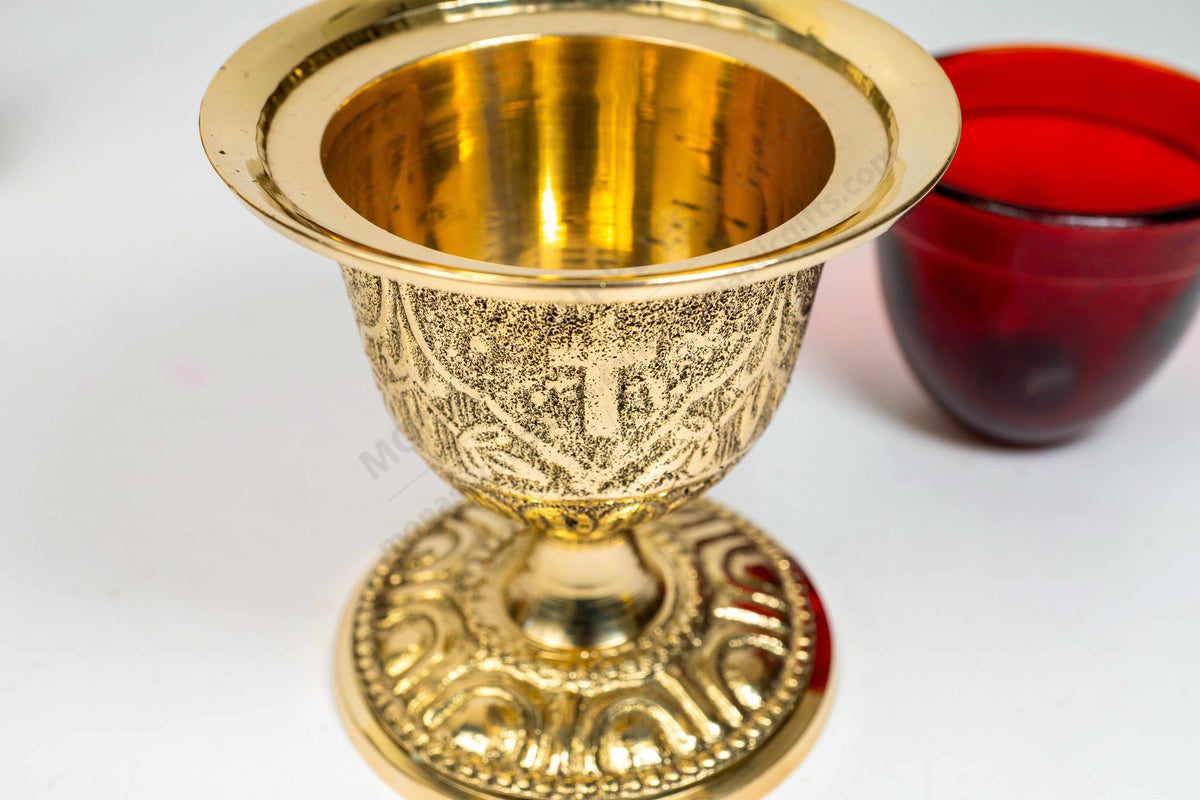 Solid brass standing vigil lamp chalice design embossed patterns with cross lid and red heat resistant glass cup