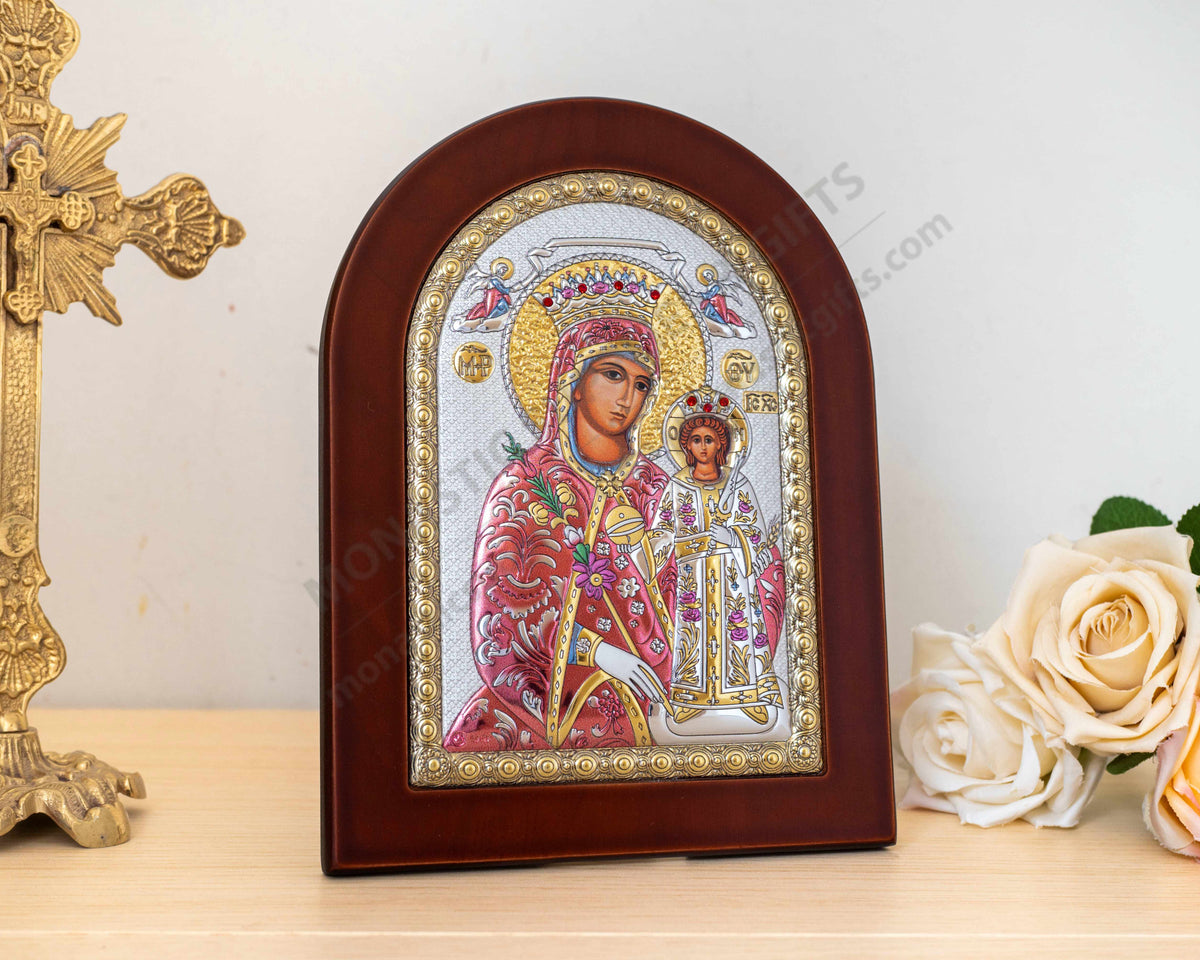 Virgin Mary the Unfading Rose Rodon to Amaranto 925 silver icon with reflective color accents (15x20 cm / 5.9x7.9 in)