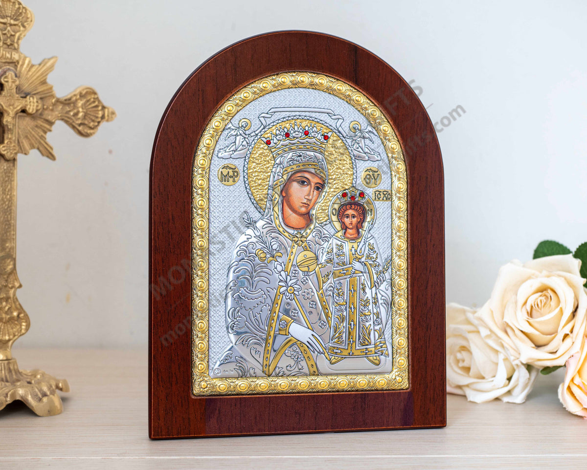 Virgin Mary the Unfading Rose Rodon to Amaranto 925 silver Byzantine icon with gold accents (20x26 cm / 7.9x10.2 in)