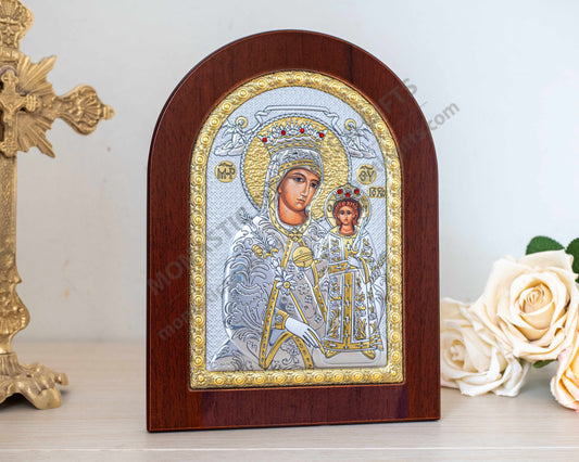 Virgin Mary the Unfading Rose Rodon to Amaranto 925 silver Byzantine icon with gold accents (20x26 cm / 7.9x10.2 in)