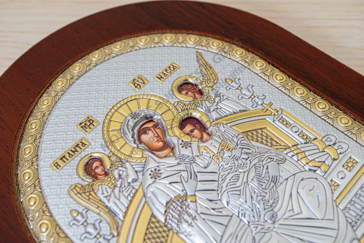 Virgin Mary Pantanassa handcrafted 925 sterling silver Byzantine icon with gold plated accents on dark brown wood backing (20x26 cm / 7.9x10.2 in)