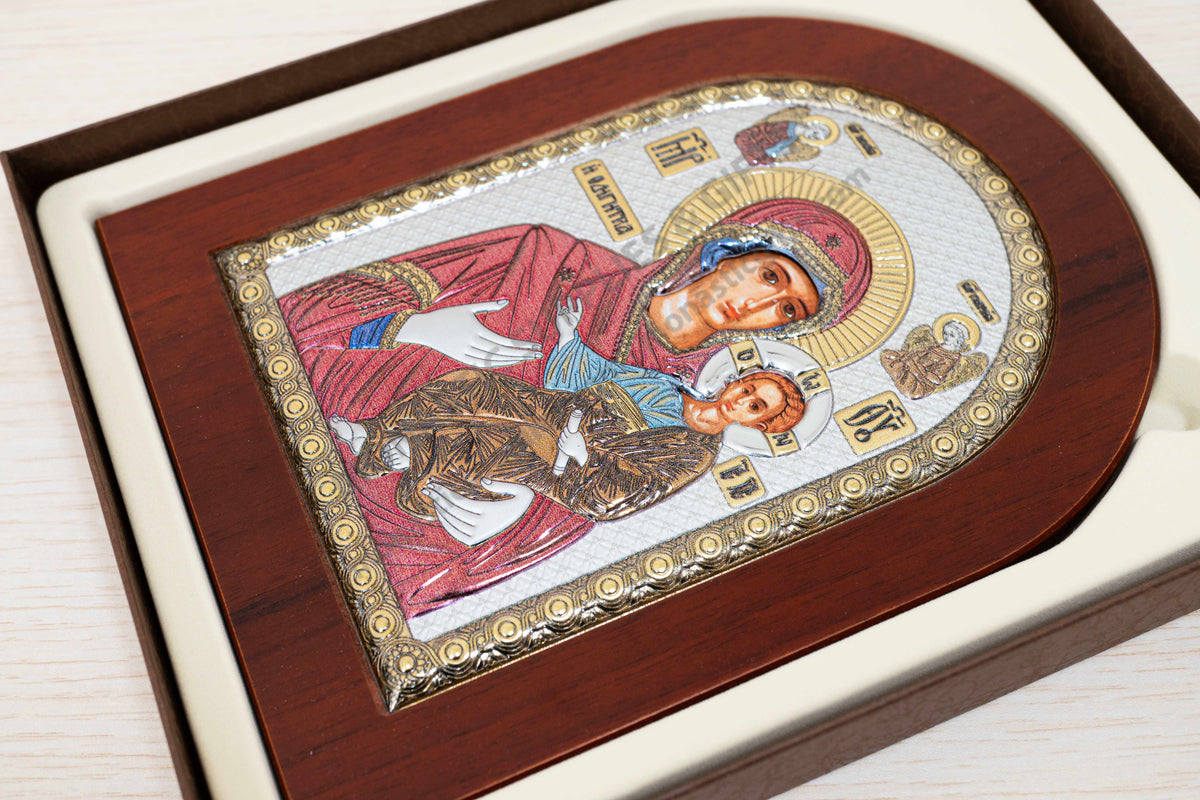 Virgin Mary Showing the Way Hodegetria 925 Silver Icon with Color Accents (15x20 cm / 5.9x7.9 in)