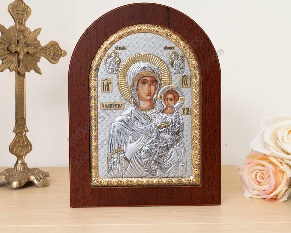 Virgin Mary Showing the Way Hodegetria 925 silver Byzantine icon with gold accents (15x20 cm / 5.9x7.9 in)