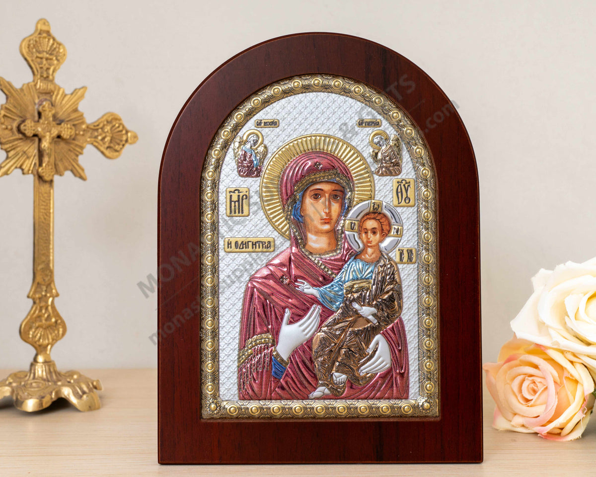 Virgin Mary Showing the Way Hodegetria 925 silver icon with reflective color accents (15x20 cm / 5.9x7.9 in)