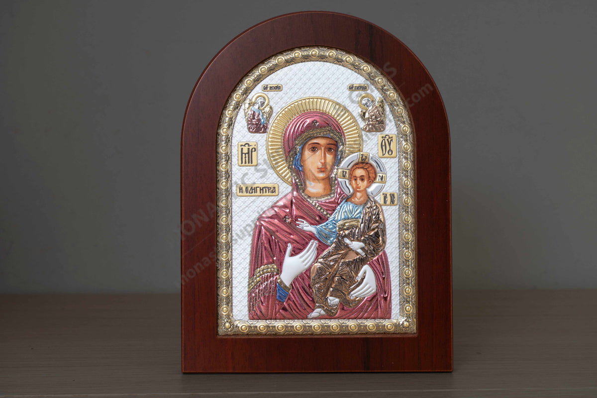 Virgin Mary Showing the Way Hodegetria 925 silver icon with reflective color accents (15x20 cm / 5.9x7.9 in)