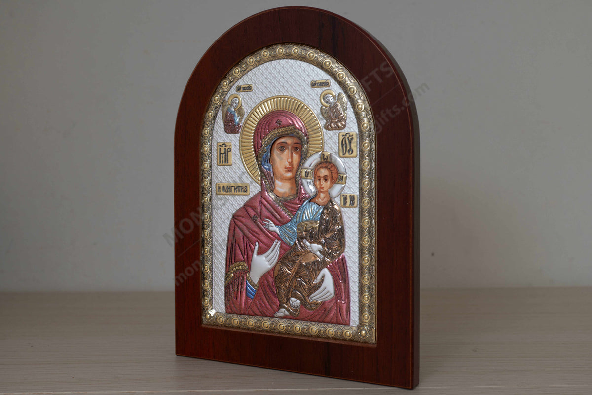 Virgin Mary Showing the Way Hodegetria 925 Silver Icon with Color Accents (15x20 cm / 5.9x7.9 in)