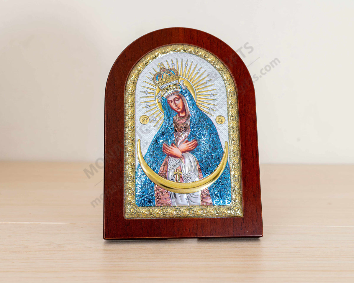 Virgin Mary Ostrobramska Gate of Dawn 925 silver icon with blue metallic color accents (10x14 cm / 3.9x5.5 in)