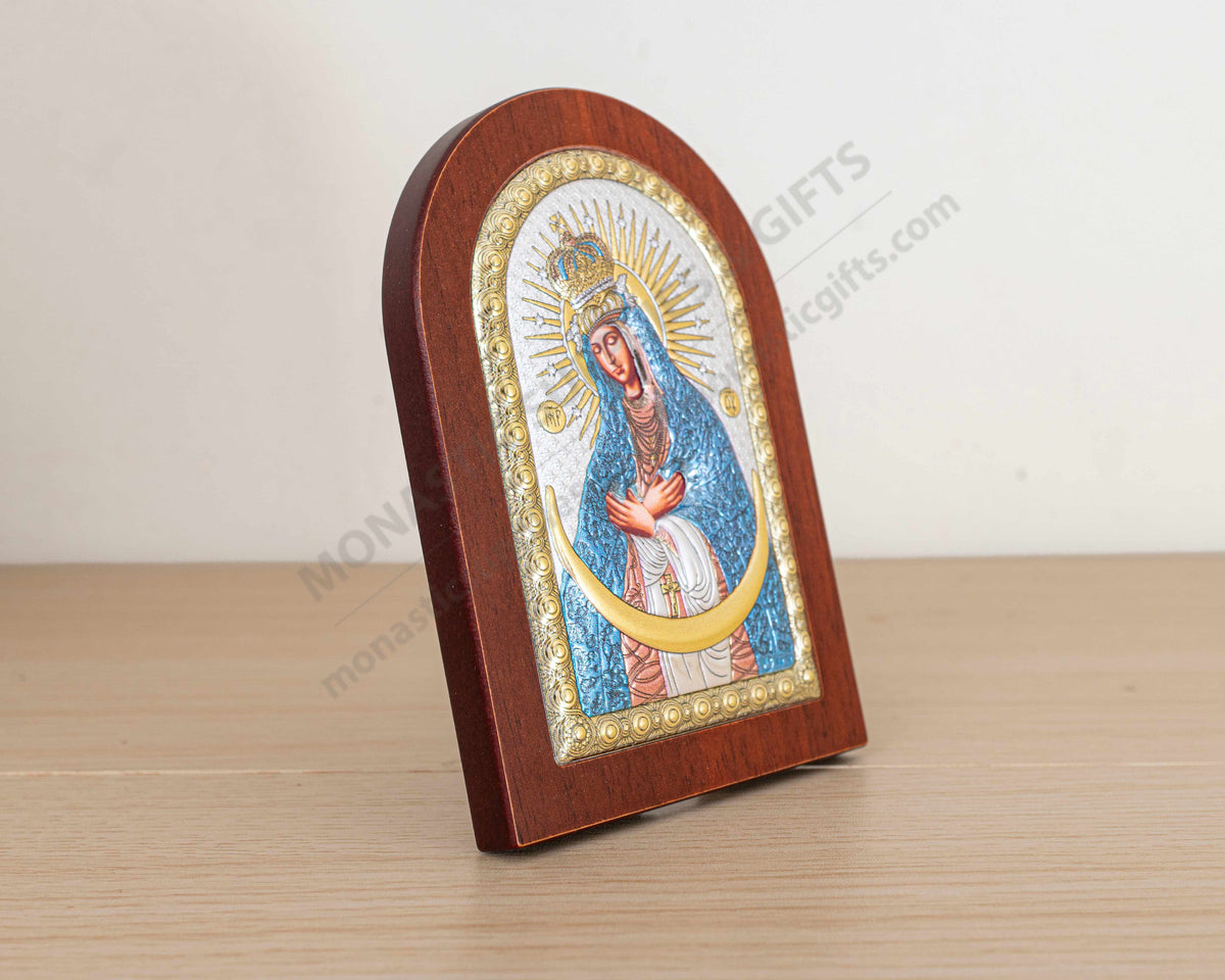Virgin Mary Ostrobramska Gate of Dawn 925 silver icon with blue metallic color accents (10x14 cm / 3.9x5.5 in)