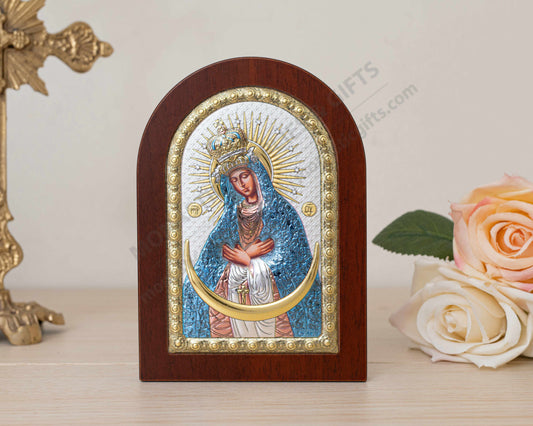 Virgin Mary Ostrobramska Gate of Dawn 925 silver icon with blue metallic color accents (10x14 cm / 3.9x5.5 in)