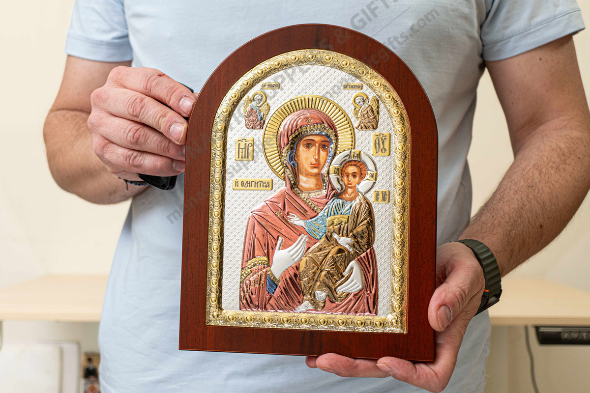 Virgin Mary Showing the Way Hodegetria 925 silver icon with color enamel accents (20x26 cm / 7.9x10.2 in)