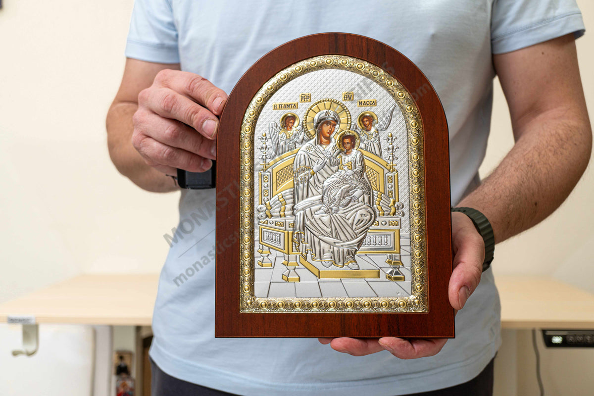 Virgin Mary Pantanassa handcrafted 925 sterling silver Byzantine icon with gold plated accents on dark brown wood backing (20x26 cm / 7.9x10.2 in)