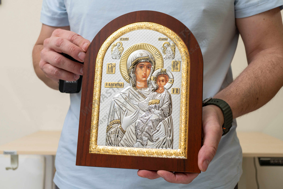 Virgin Mary Showing the Way Hodegetria 925 silver Byzantine icon with gold accents (20x26 cm / 7.9x10.2 in)