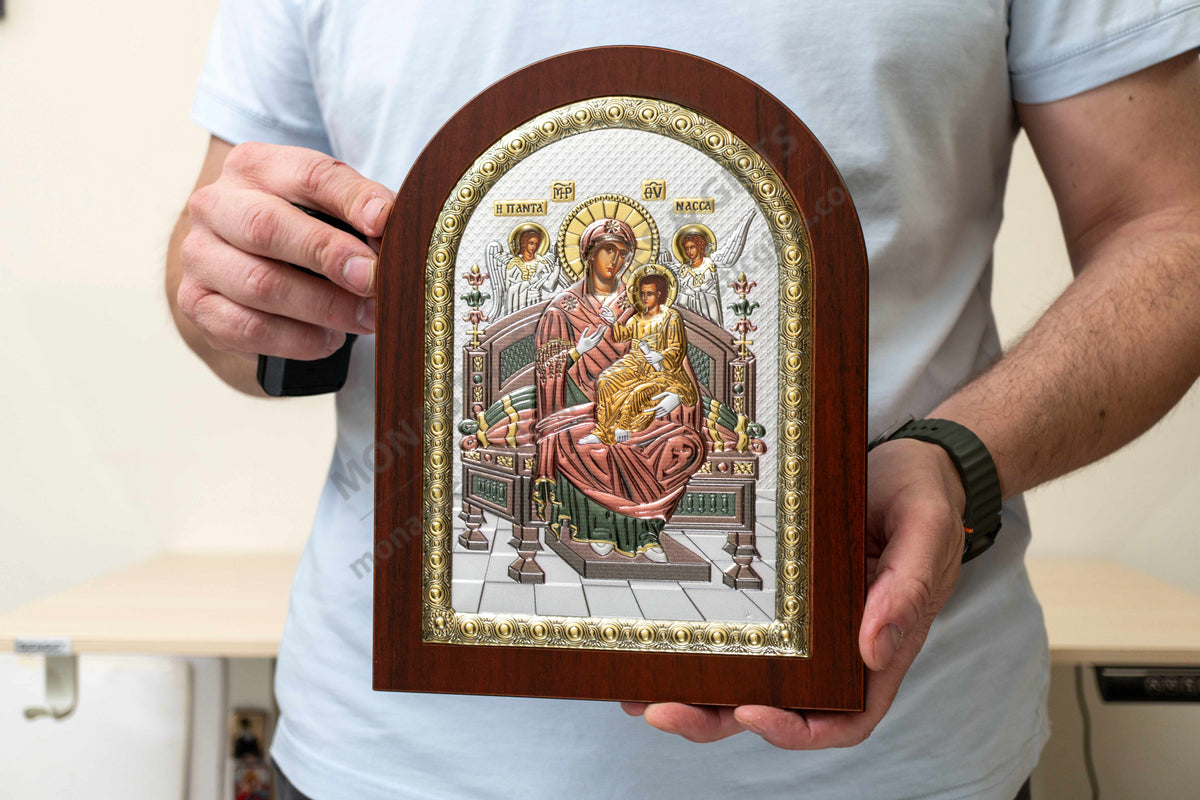 Virgin Mary Pantanassa 925 silver icon with reflective color accents on throne (20x26 cm / 7.9x10.2 in)
