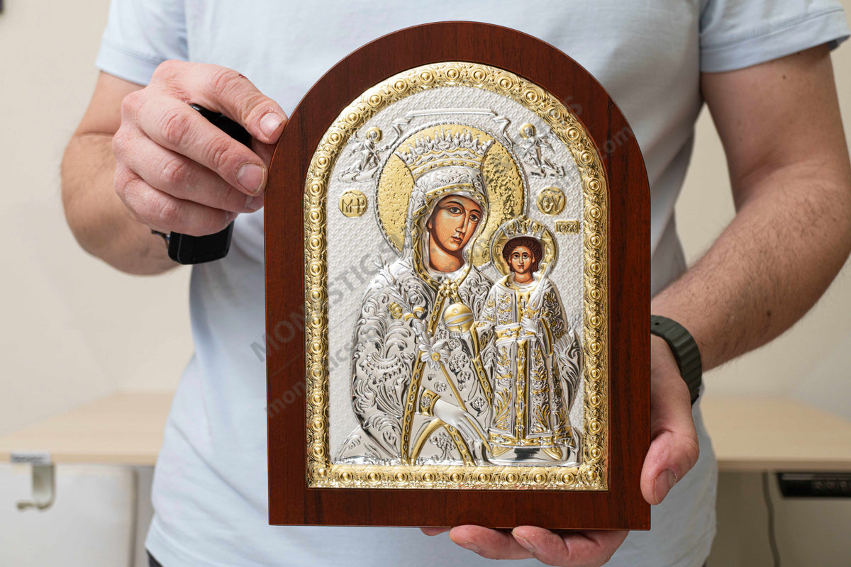 Virgin Mary the Unfading Rose Rodon to Amaranto 925 silver Byzantine icon with gold accents (20x26 cm / 7.9x10.2 in)