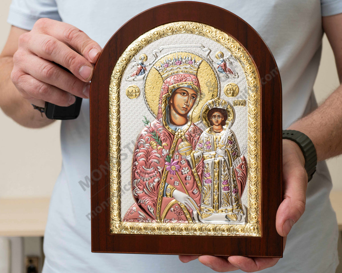 Virgin Mary the Unfading Rose Rodon to Amaranto 925 silver icon with reflective color accents (20x26 cm / 7.9x10.2 in)