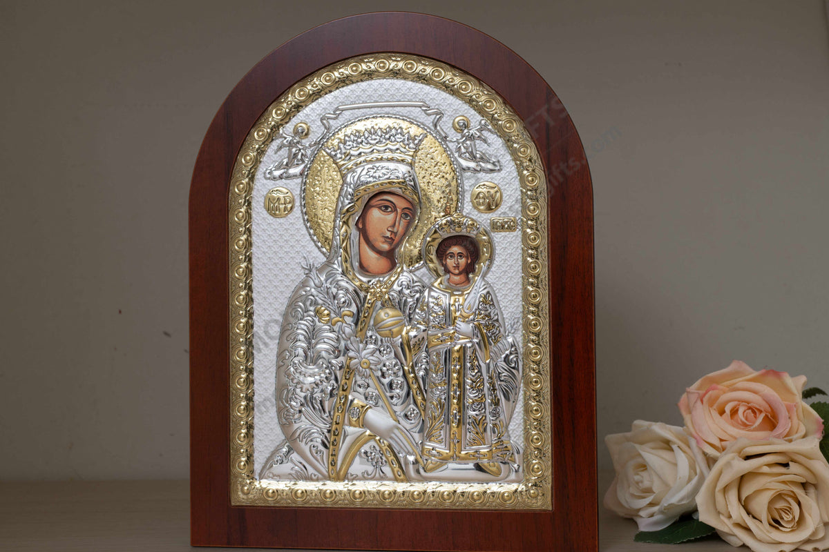 Virgin Mary the Unfading Rose Rodon to Amaranto 925 silver Byzantine icon with gold accents (20x26 cm / 7.9x10.2 in)