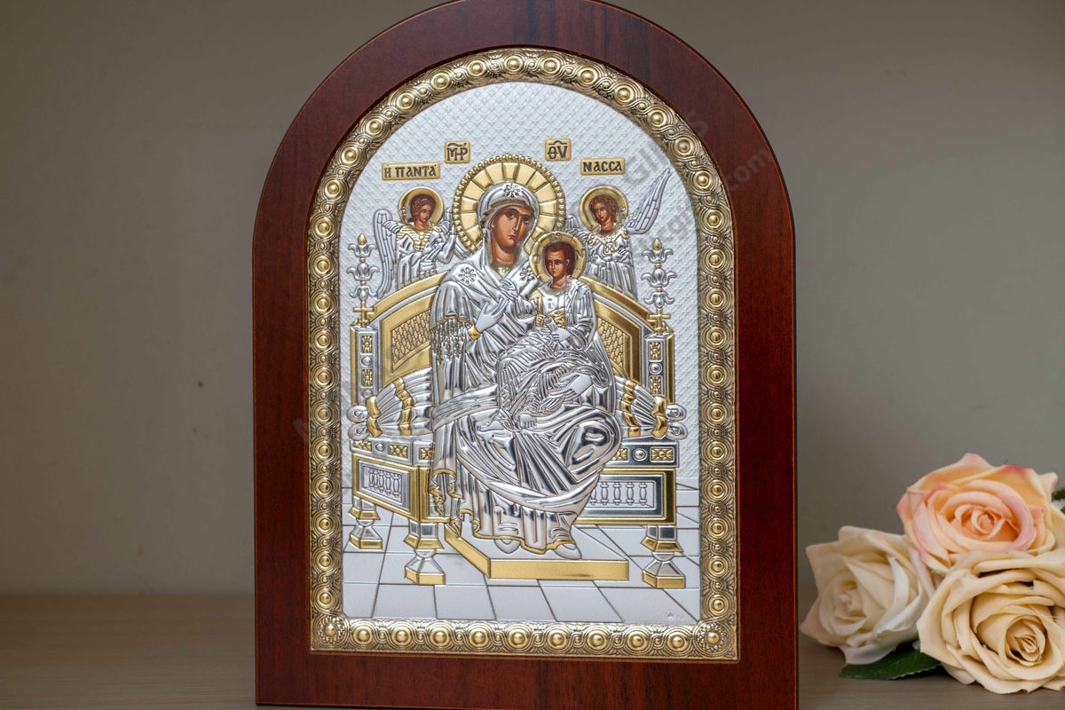 Virgin Mary Pantanassa handcrafted 925 sterling silver Byzantine icon with gold plated accents on dark brown wood backing (20x26 cm / 7.9x10.2 in)