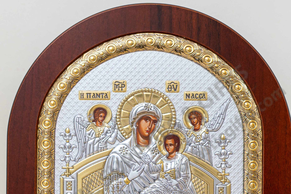 Virgin Mary Pantanassa handcrafted 925 sterling silver Byzantine icon with gold plated accents on dark brown wood backing (20x26 cm / 7.9x10.2 in)
