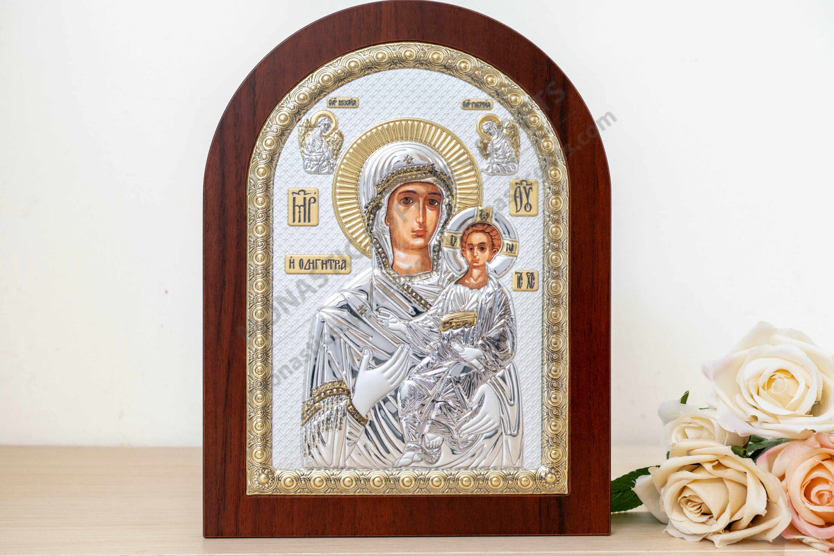 Virgin Mary Showing the Way Hodegetria 925 silver Byzantine icon with gold accents (20x26 cm / 7.9x10.2 in)