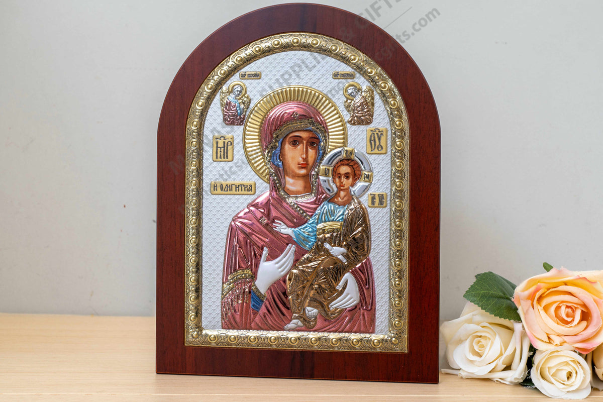 Virgin Mary Showing the Way Hodegetria 925 silver icon with color enamel accents (20x26 cm / 7.9x10.2 in)