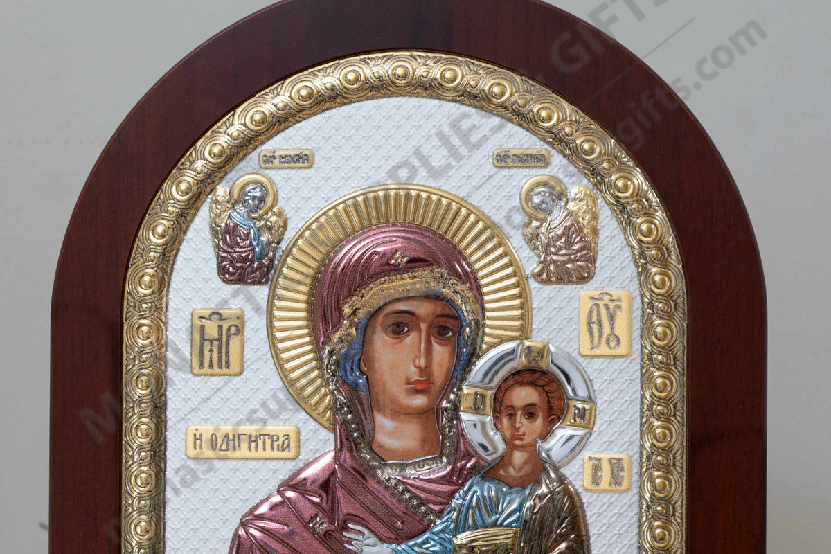 Virgin Mary Showing the Way Hodegetria 925 silver icon with color enamel accents (20x26 cm / 7.9x10.2 in)