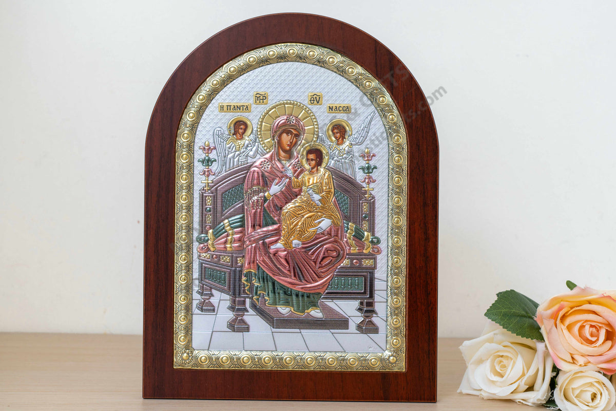 Virgin Mary Pantanassa 925 silver icon with reflective color accents on throne (20x26 cm / 7.9x10.2 in)