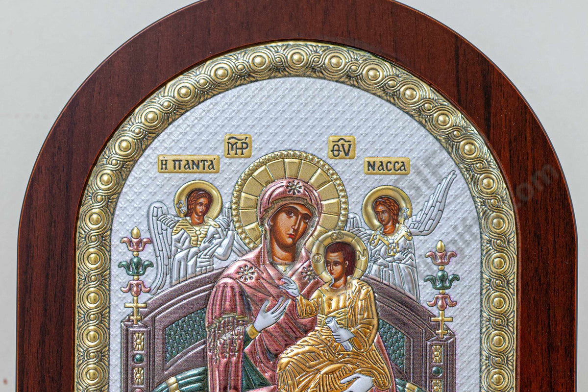 Virgin Mary Pantanassa 925 silver icon with reflective color accents on throne (20x26 cm / 7.9x10.2 in)